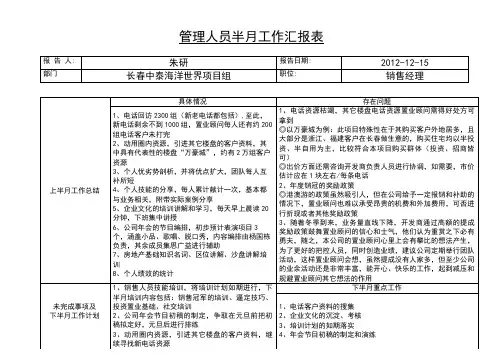 管理人员每月工作汇报表
