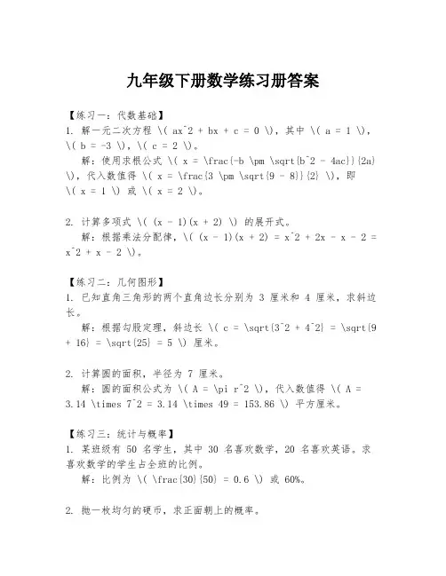 九年级下册数学练习册答案