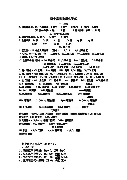 初中常见物质化学式