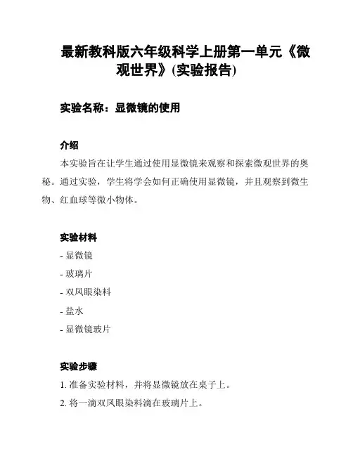 最新教科版六年级科学上册第一单元《微观世界》(实验报告)