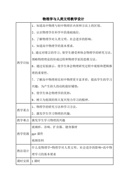 高中物理_物理学与人类文明教学设计学情分析教材分析课后反思