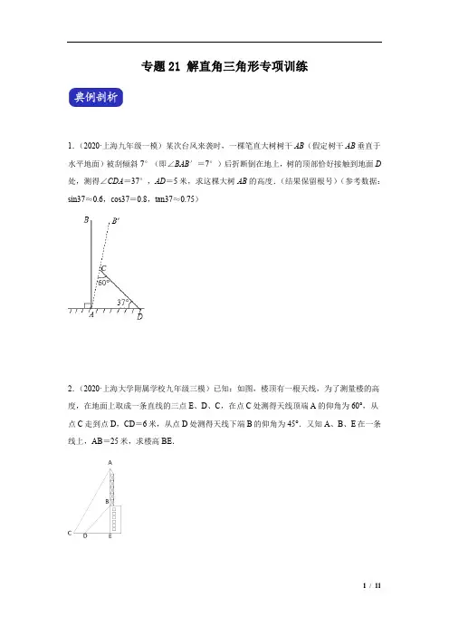 专题21 解直角三角形专项训练(原卷版)