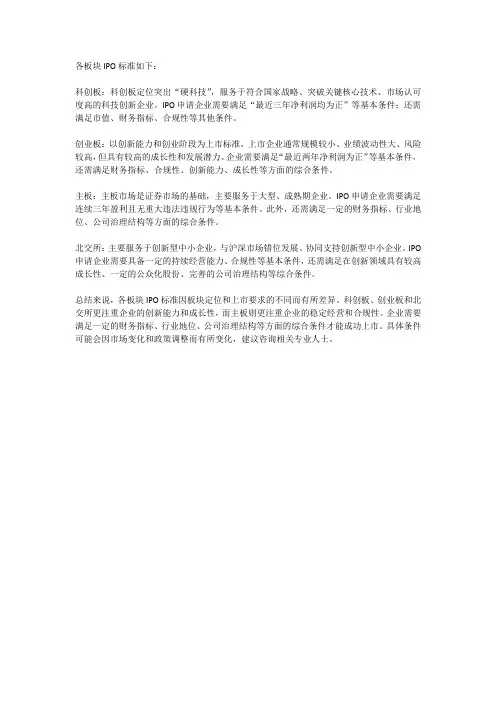 各板块ipo标准