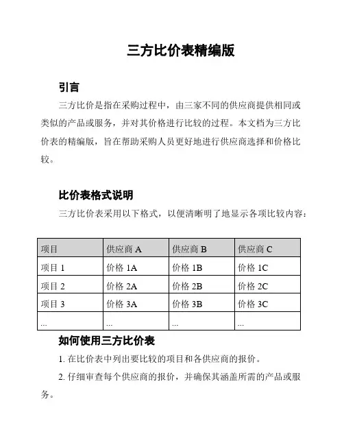 三方比价表精编版