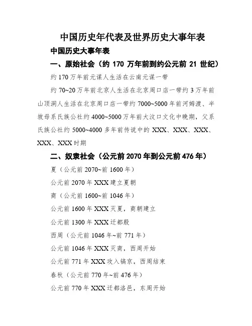 中国历史年代表及世界历史大事年表
