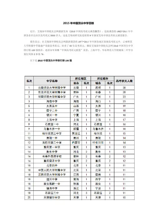 2015年中国顶尖中学排行榜100强