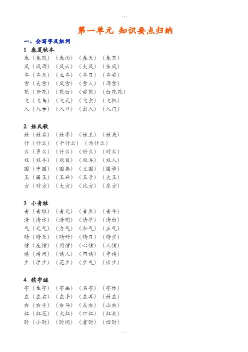 精选2019部编本一年级下册语文单元知识点小结(1—8单元全)(有标准答案)