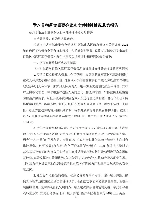 学习贯彻落实重要会议和文件精神情况总结报告