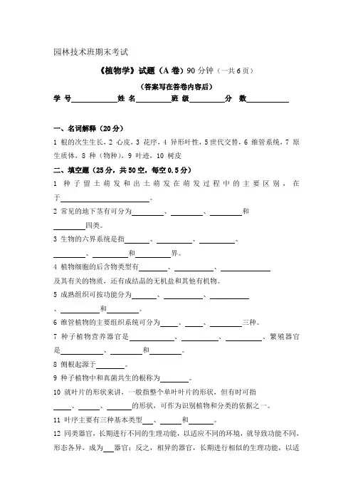 园林技术班《植物学》A卷和B卷试题及答案