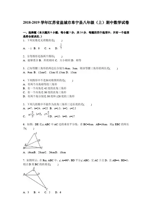 盐城市阜宁县2018-2019学年八年级上期中数学试卷含答案解析