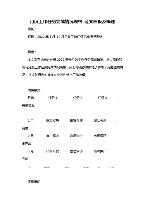 月度工作任务完成情况表格-概述说明以及解释