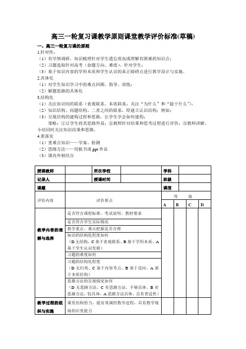 高三一轮复习课课堂教学评价标准