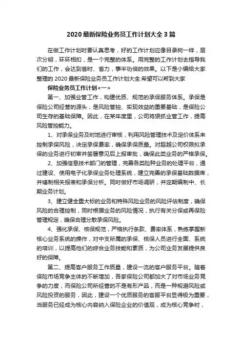 2020最新保险业务员工作计划大全3篇