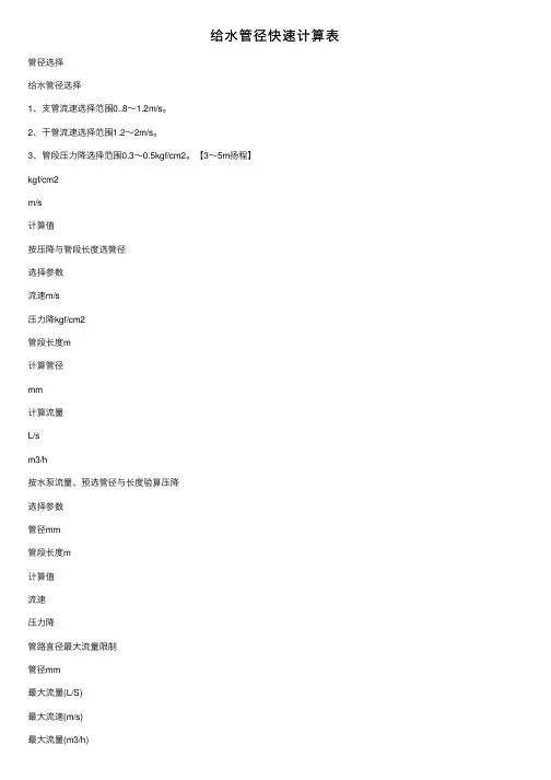 给水管径快速计算表