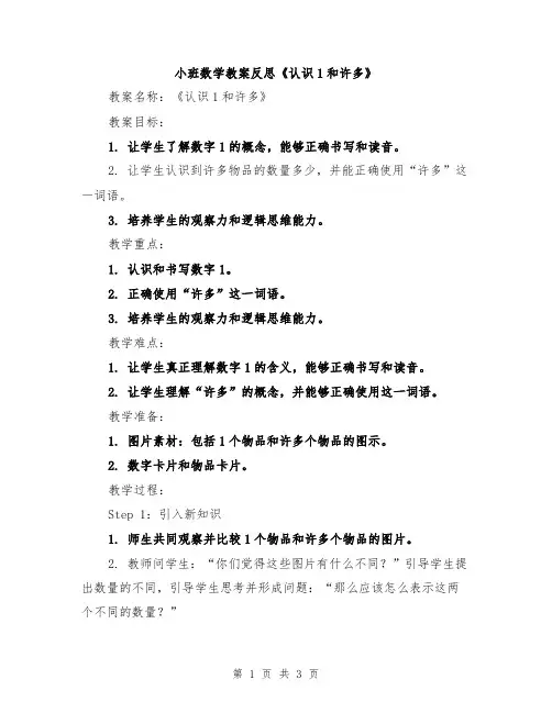 小班数学教案反思《认识1和许多》
