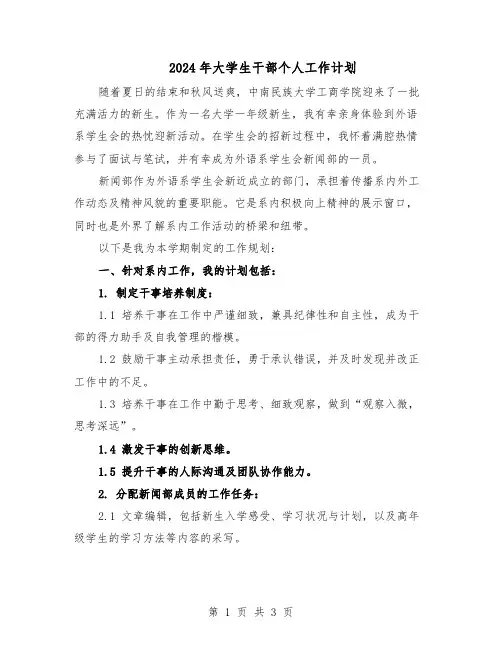 2024年大学生干部个人工作计划（二篇）