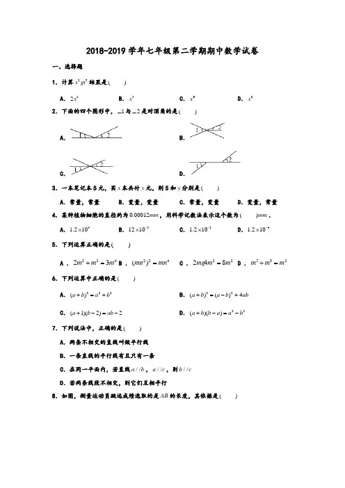 2018-2019学年北师大版广东省深圳市罗湖区七年级第二学期期中数学试卷 含解析