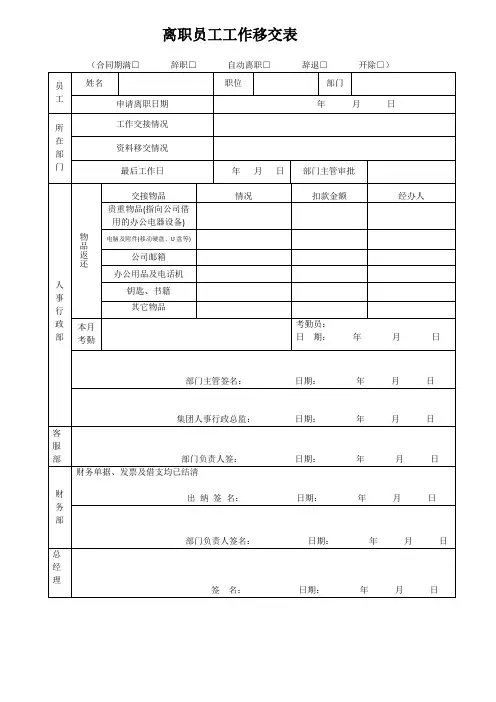 离职人员工作移交表