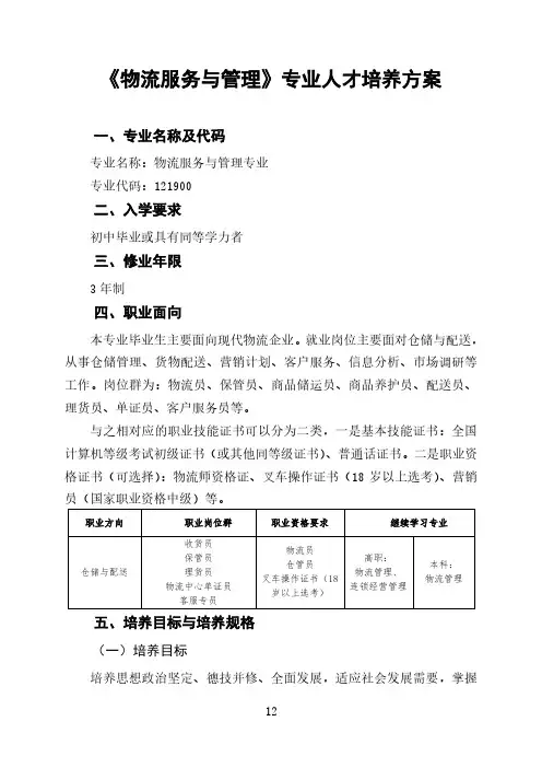 《物流服务与管理》专业人才培养方案