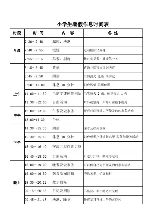 小学生暑假作息时间表(A4纸一张可直接编辑打印)