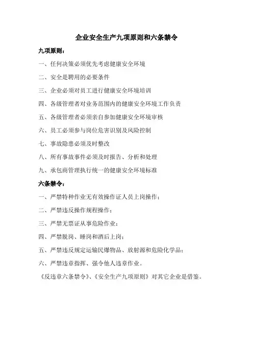 39企业安全生产九项原则和六条禁令