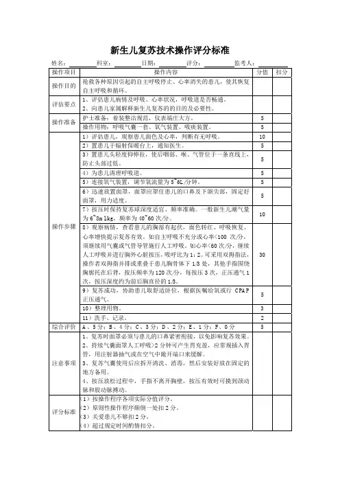 新生儿复苏技术操作评分标准表