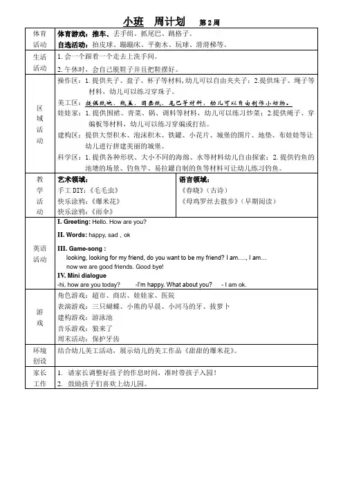 幼儿园小班周计划第2周