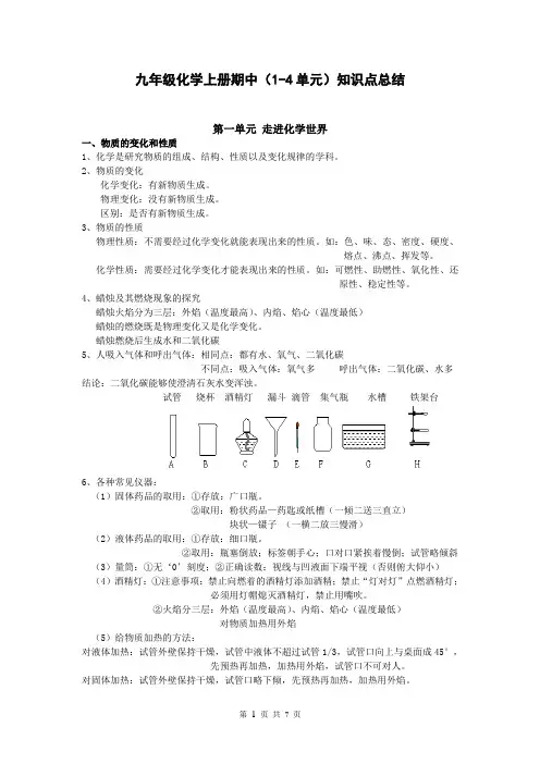 人教版九年级化学上册(1-4单元)知识点总结