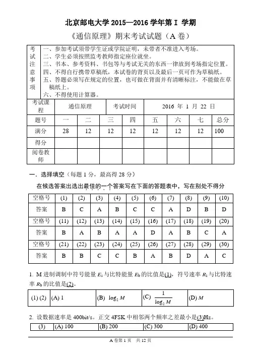 2015年北京邮电大学通信原理期末试题答案