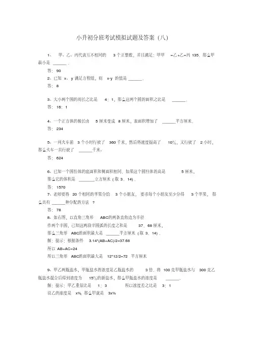 小升初数学分班考试模拟试题(八)北京版