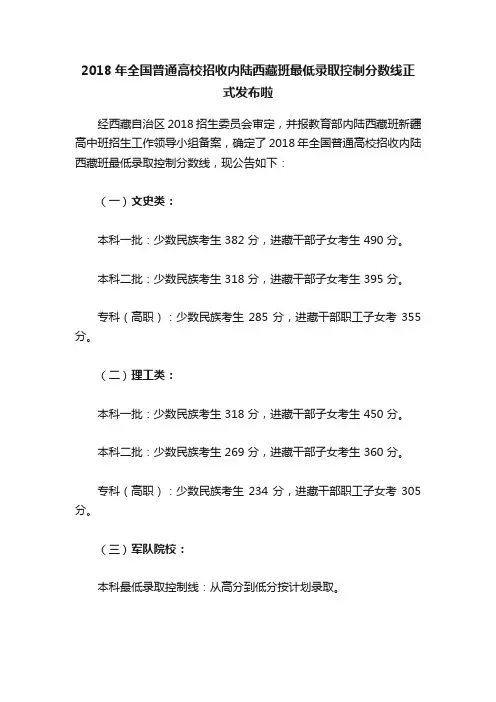 2018年全国普通高校招收内陆西藏班最低录取控制分数线正式发布啦