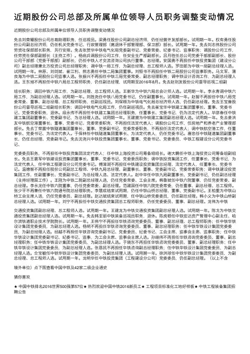 近期股份公司总部及所属单位领导人员职务调整变动情况