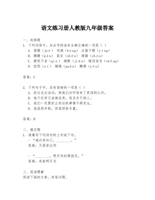 语文练习册人教版九年级答案