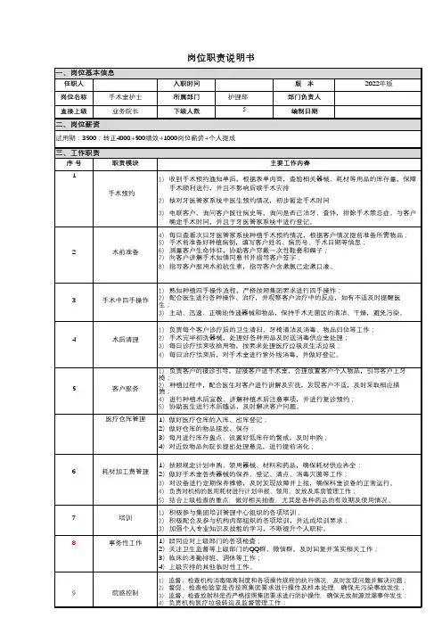 种植手术室护士岗位说明书