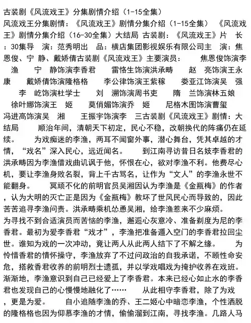古装剧《风流戏王》分集剧情介绍（1-15全集）