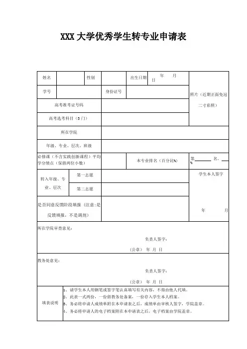 大学优秀学生转专业申请表
