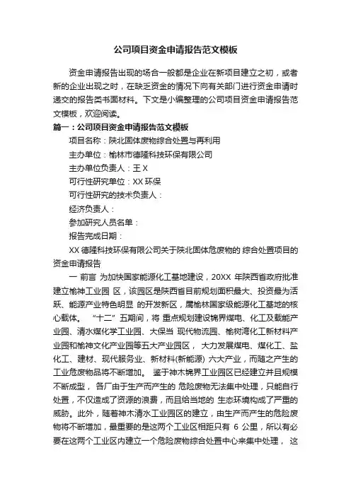 公司项目资金申请报告范文模板