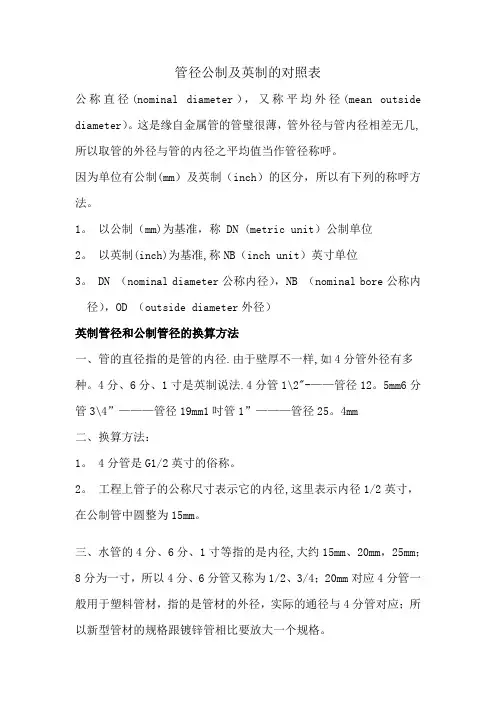 管径公制及英制的对照表