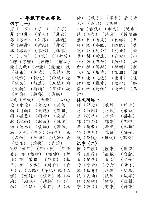 鲁教版小学语文一年级下册生字表
