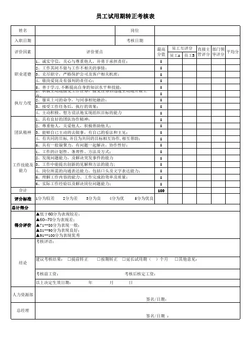 员工试用期转正考核表