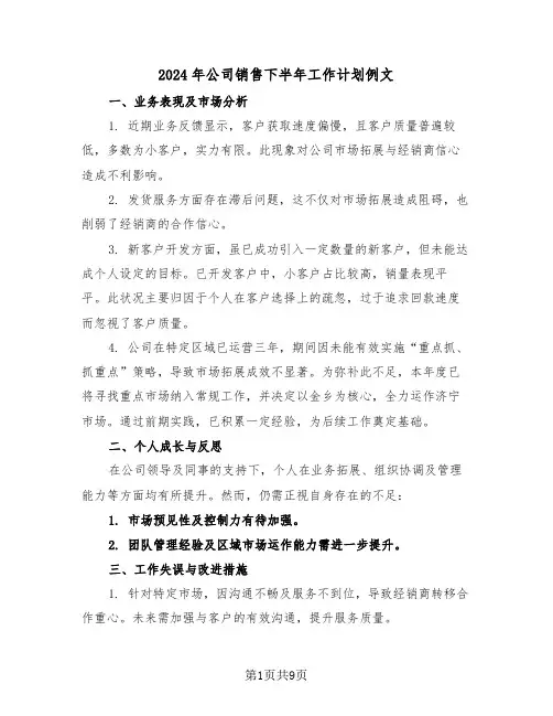 2024年公司销售下半年工作计划例文（四篇）