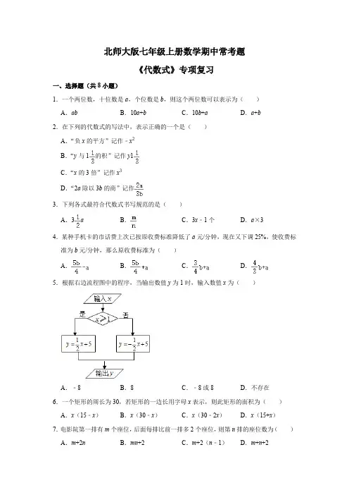 北师大版七年级上册数学期中常考题《代数式》专项复习