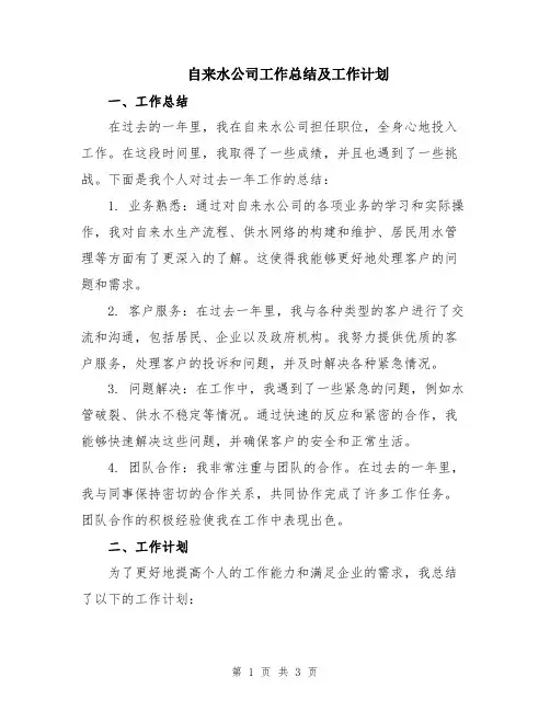 自来水公司工作总结及工作计划
