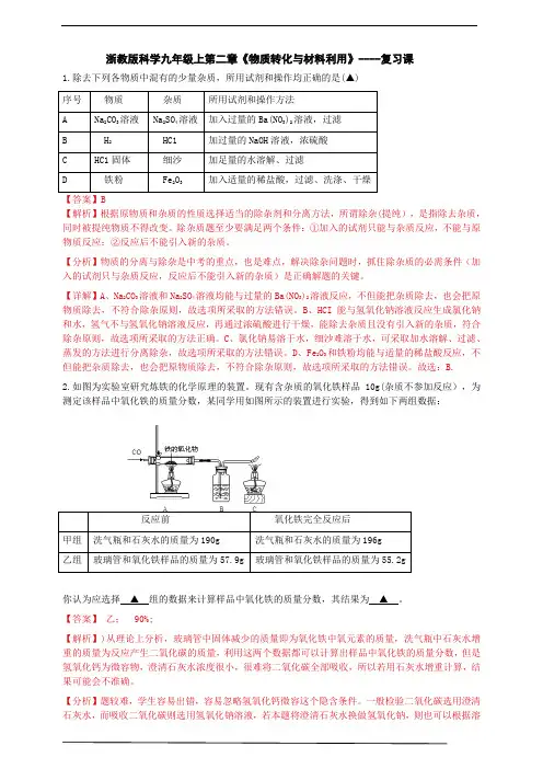 浙教版科学九年级上第二章《物质转化与材料利用》单元检测(解析版)