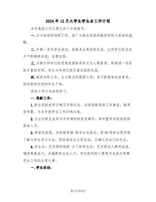 2024年12月大学生学生会工作计划(二篇)