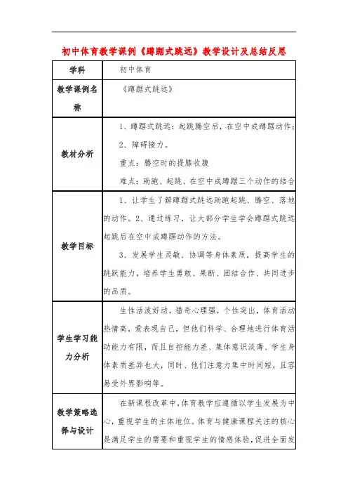 初中体育教学课例《蹲踞式跳远》教学设计及总结反思