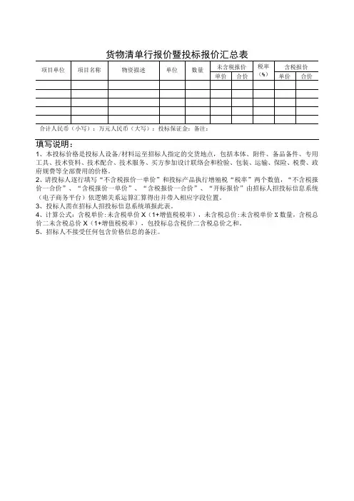 货物清单行报价暨投标报价汇总表(2023年)