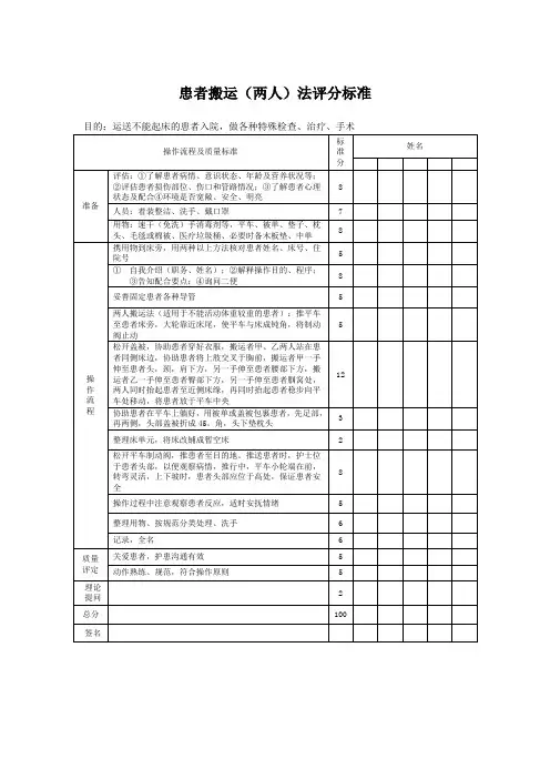 患者搬运(两人)法评分标准