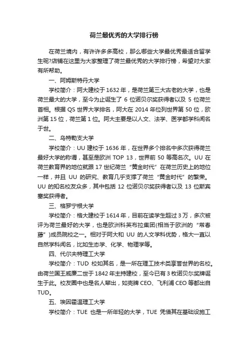 荷兰最优秀的大学排行榜