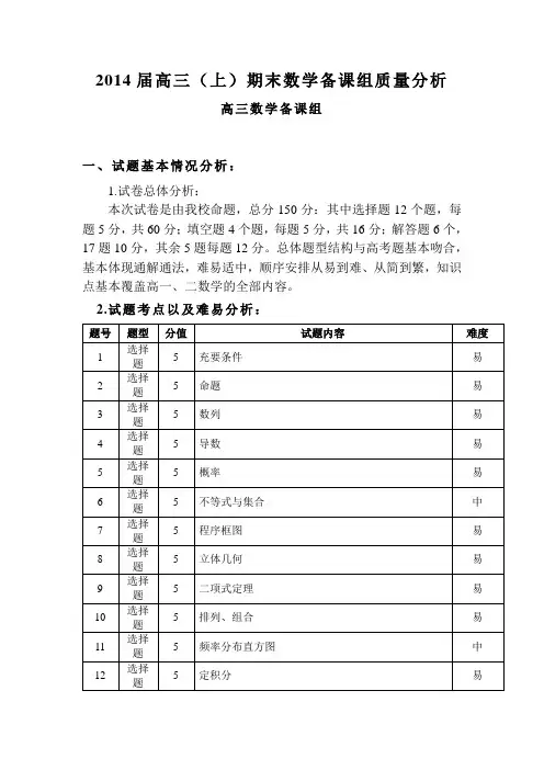 高三(上)期末数学备课组质量分析